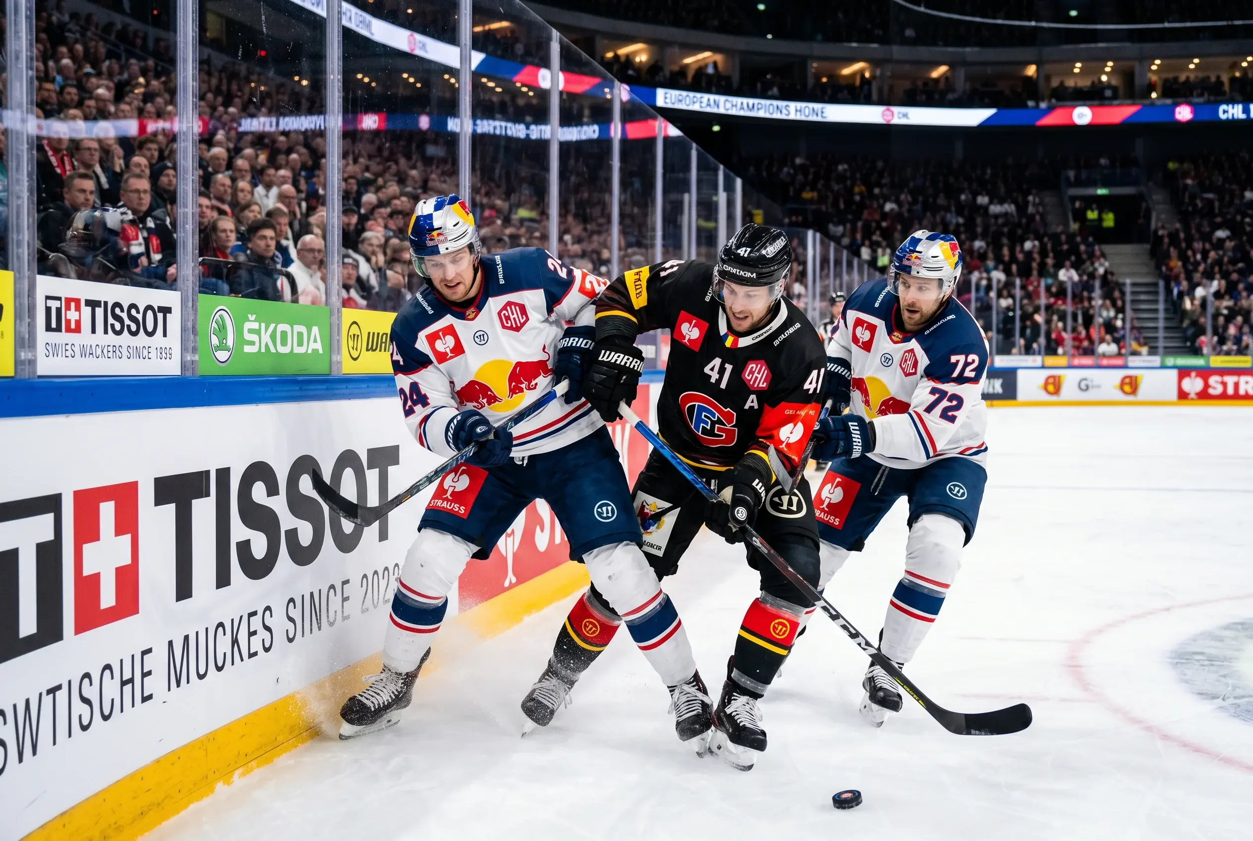 Ishockeyspillere i europæisk klubturnering med CHL-logo synligt ved banden