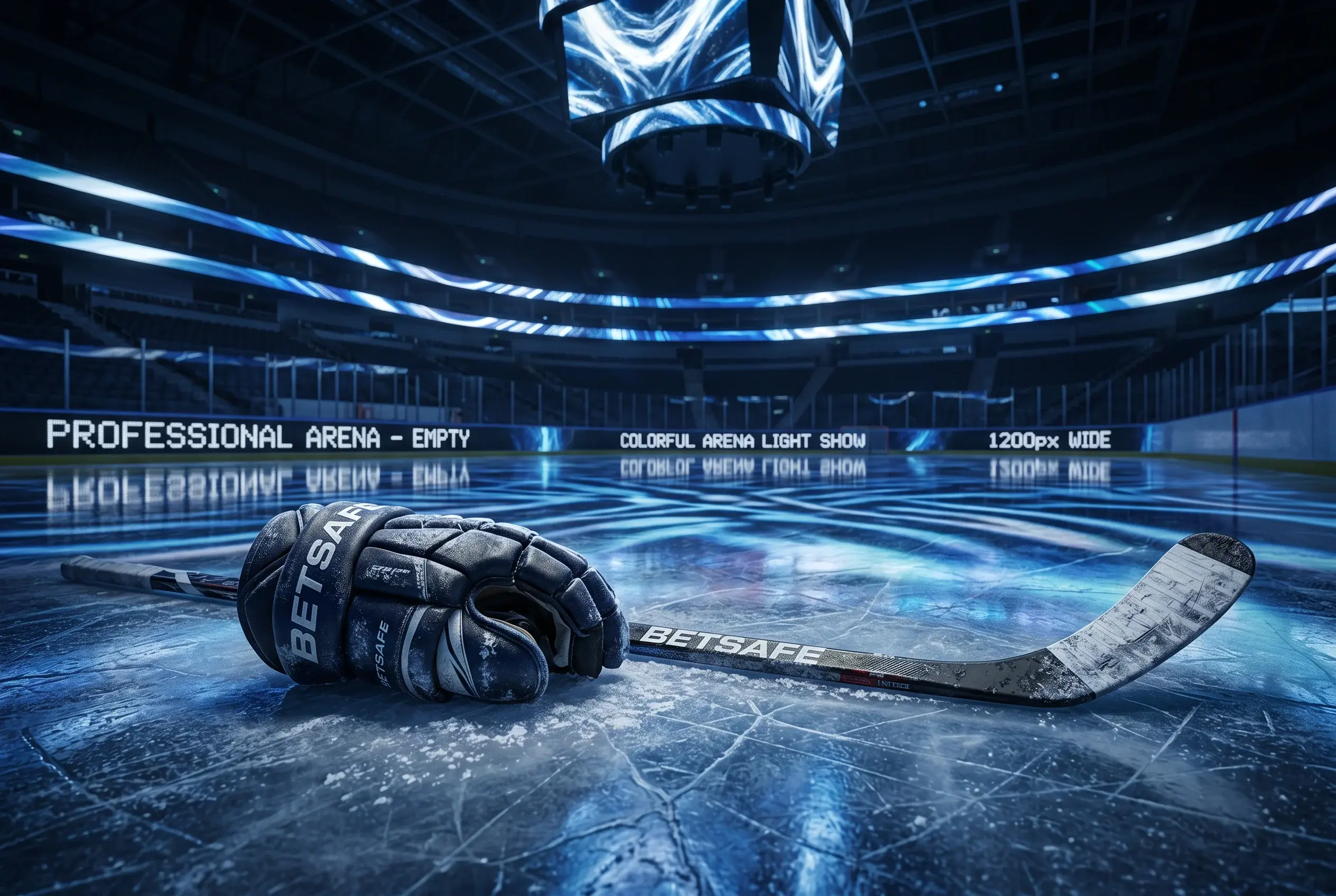 Ishockey-handske og puck pa isen med arena-lysshow i baggrunden