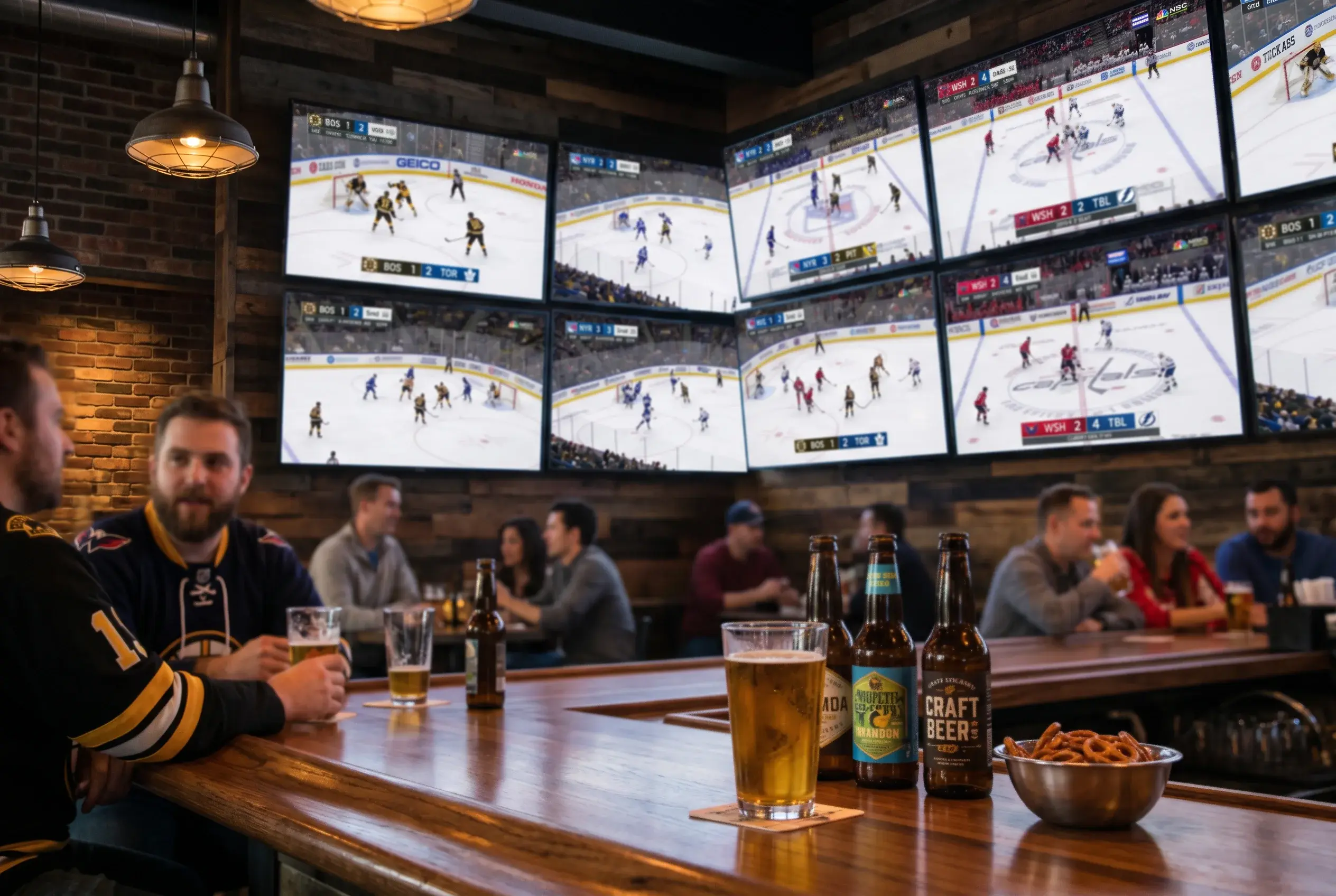 Flere ishockeykampe på en stor skærm i en sportsbar