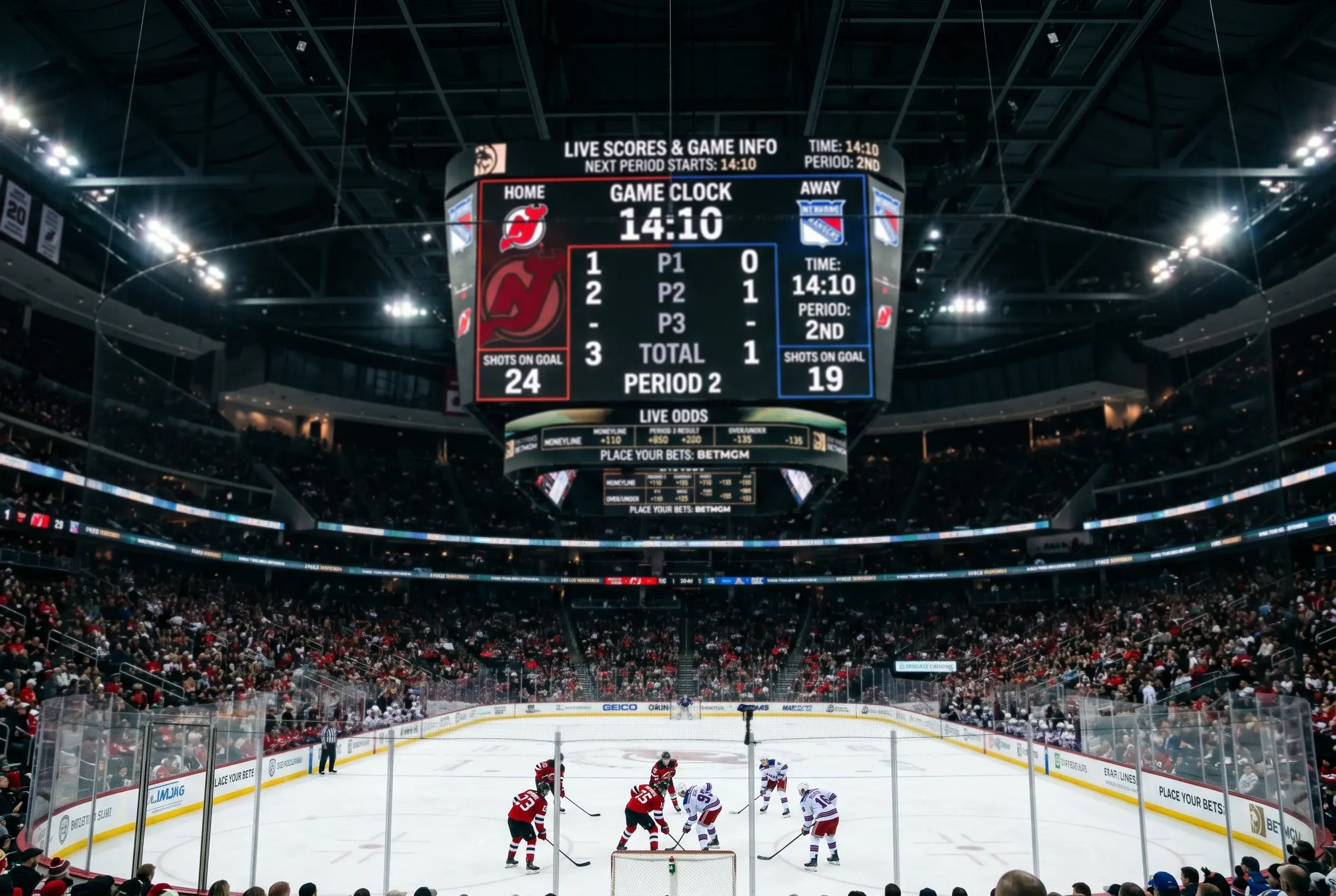 Ishockeybanens resultattavle der viser periodescore under en kamp