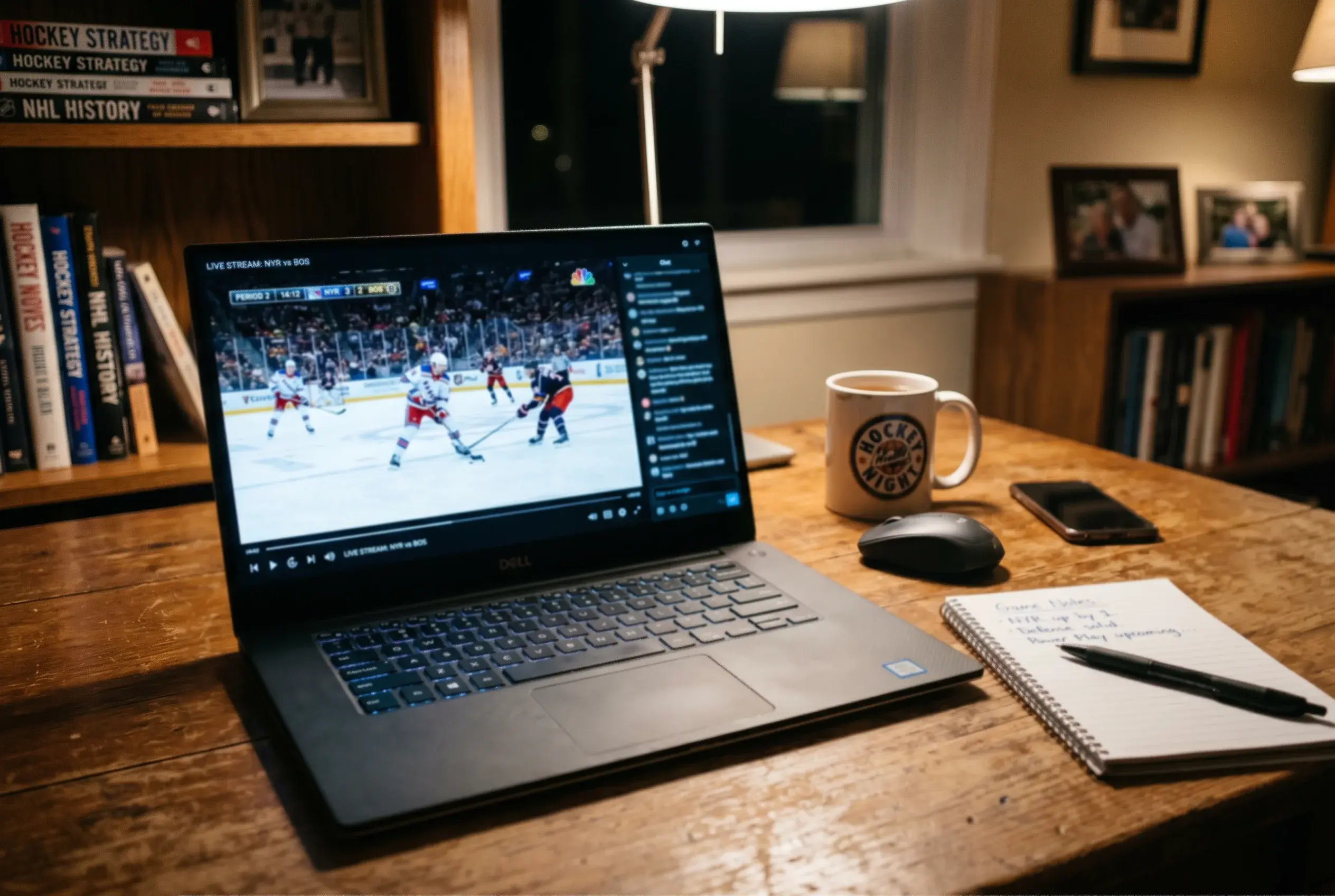 Laptop med ishockeykamp-stream på skærmen ved siden af en ishockeybane