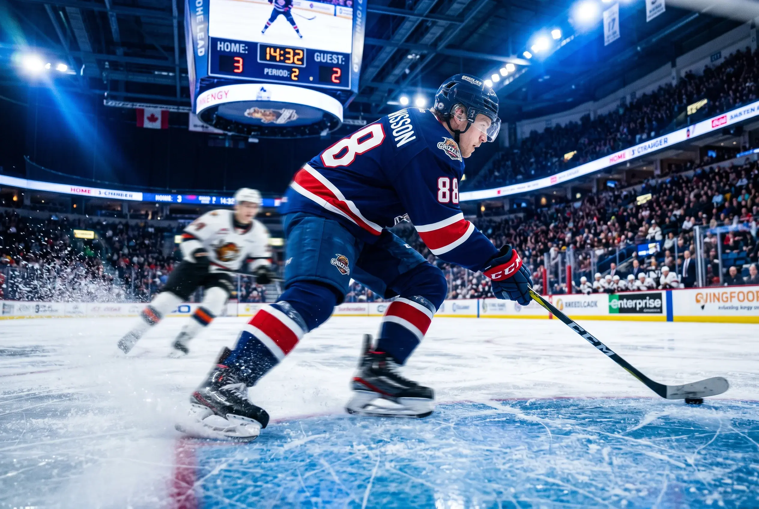 Ishockey-spiller i fuld fart pa isen under en professionel kamp med scoretavle i baggrunden