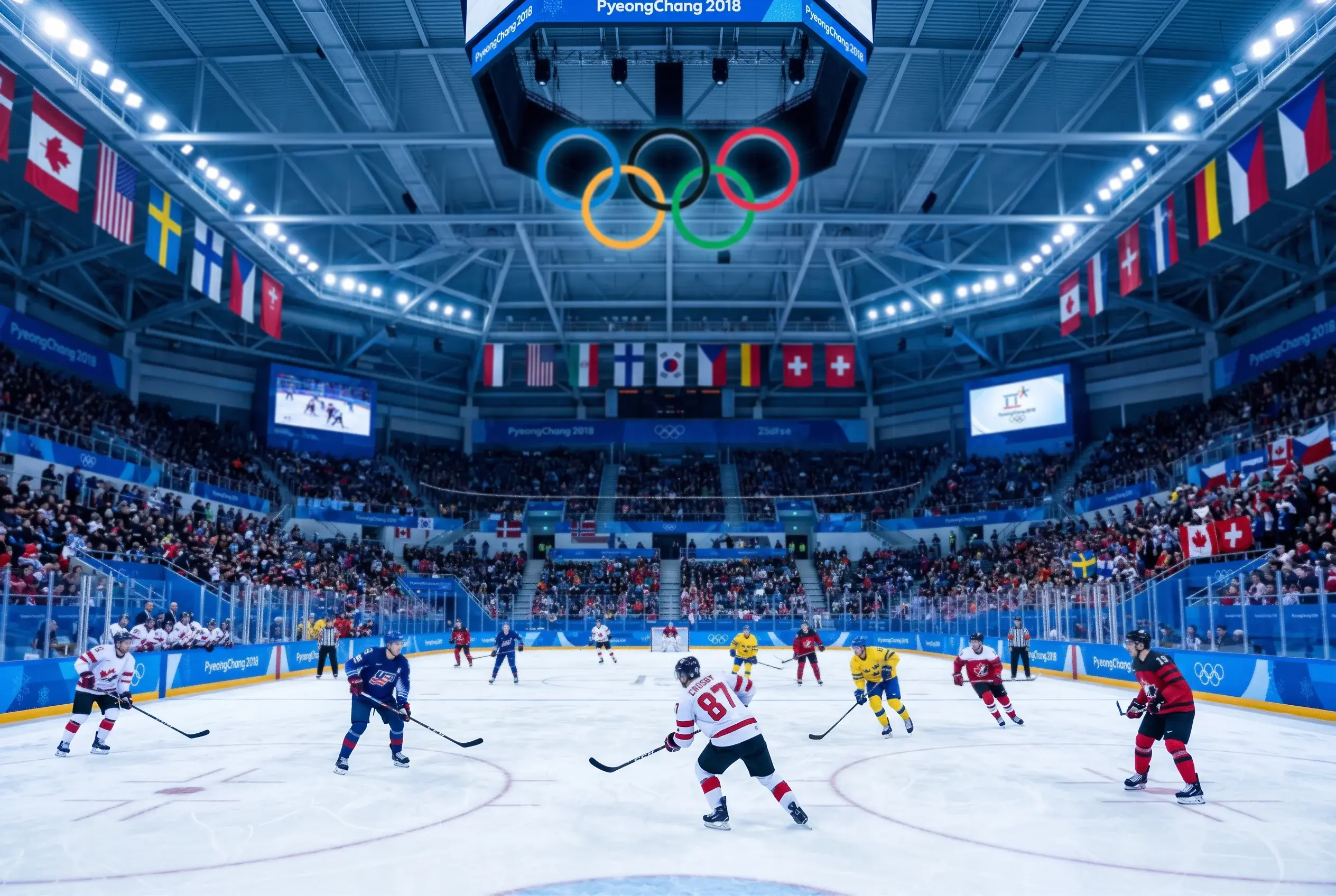 Olympiske ringe over en ishockey-bane med spillere i nationalfarver
