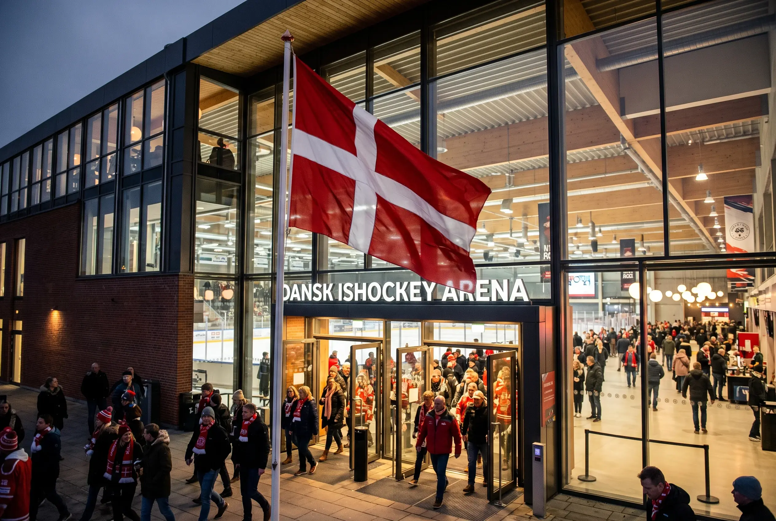 Dansk flag ved en ishockey-arena med tilskuere og belysning