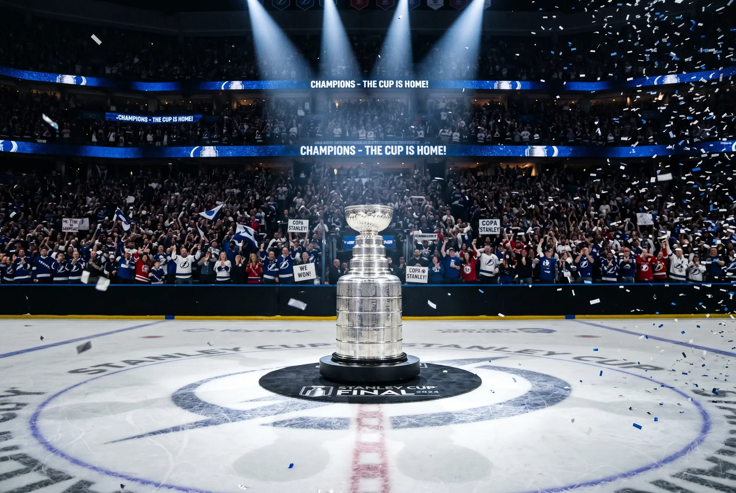 Stanley Cup-pokalen pa isen i en oplyst NHL-arena med tilskuere