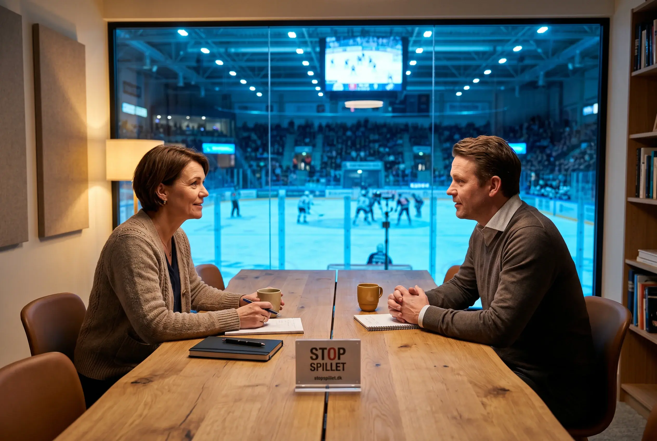 To personer i samtale ved et bord med en ishockey-arena synlig gennem vinduet