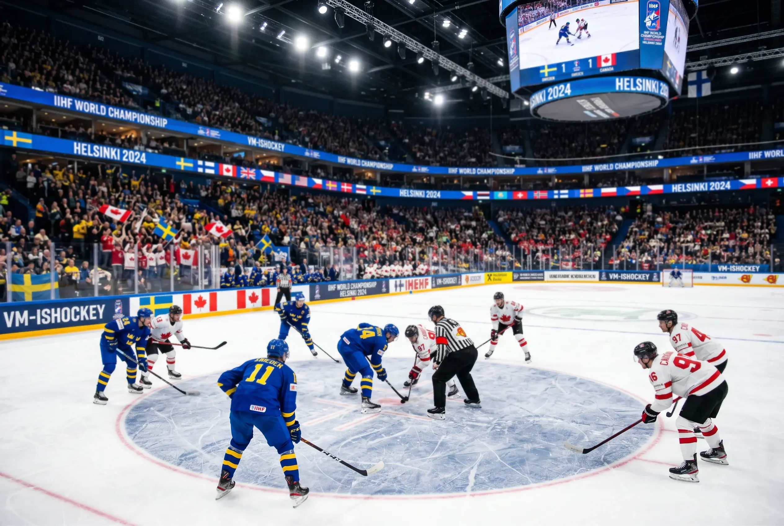 Ishockey-landshold pa isen under en international turnering med nationalflag pa banden